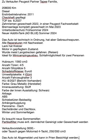 Peugeot Partner 208.000 km 3.000 &euro; Prien 83209